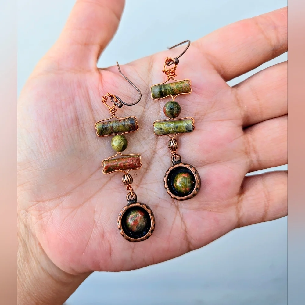 Celtic-inspired Natural Unakite In Handwired Bohemian Copper Artifact Earrings - Picture 7 of 10
